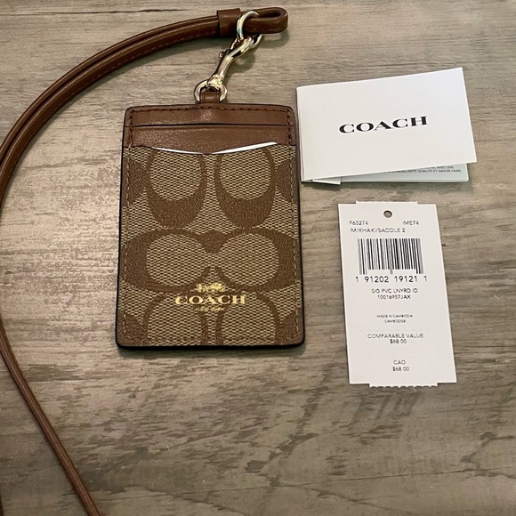 Coach Id Lanyard In Signature Canvas Gold/Khaki Saddle - Picture 1 of 4